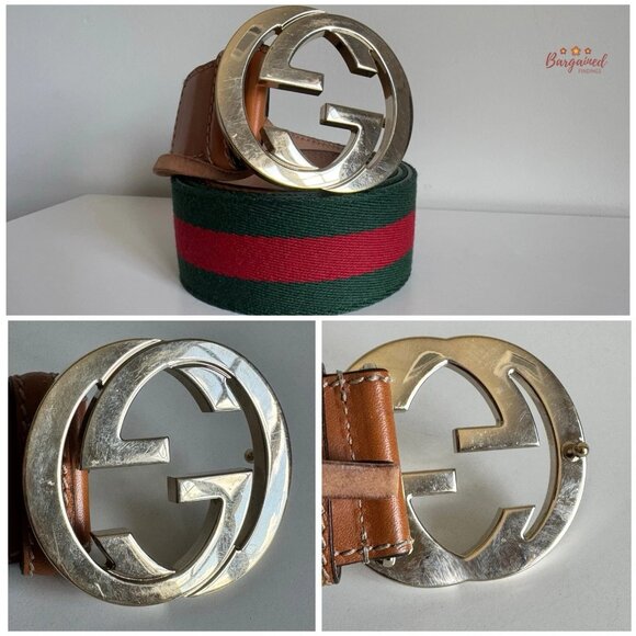 Authentic Gucci Red/Green Web Leather Gold Interlocking G Buckle Belt 90/36 - Picture 2 of 13
